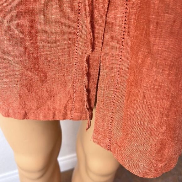 Camaieu Tunic Dress 💯 Linen Collar V Neck Rust Burnt Orange Belted 3/4 Sleeves - Picture 9 of 13